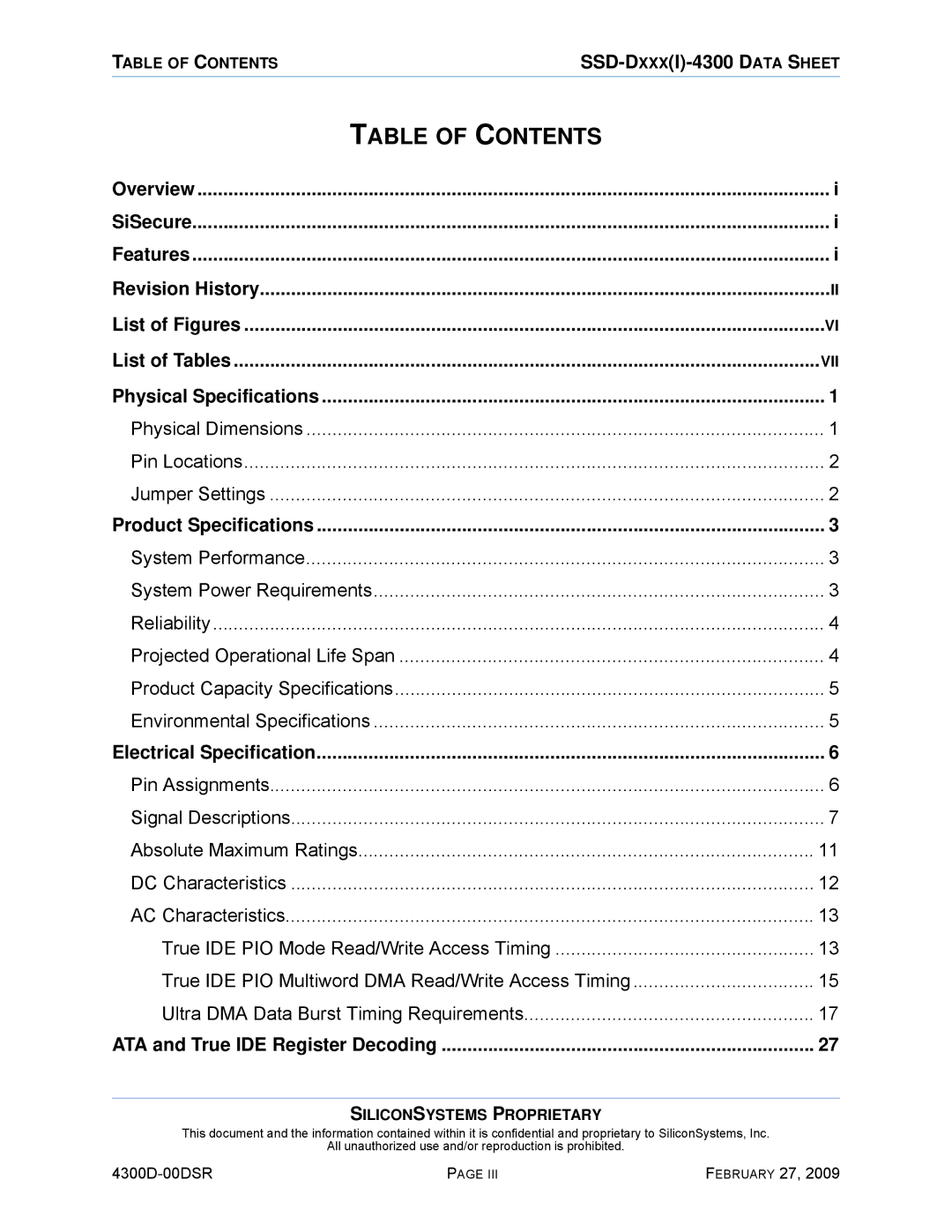 Silicon Image SSD-D32G(I)-4300 manual Table of Contents 