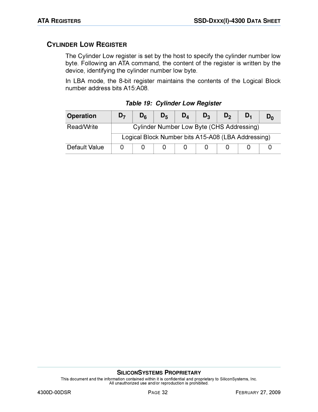 Silicon Image SSD-D32G(I)-4300 manual Cylinder Low Register, Logical Block Number bits A15-A08 LBA Addressing 