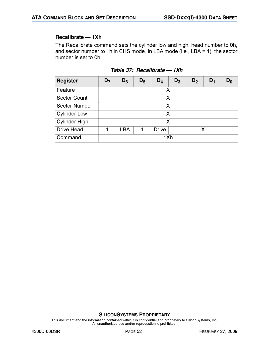 Silicon Image SSD-D32G(I)-4300 manual Recalibrate 1Xh, Drive Command 1Xh 