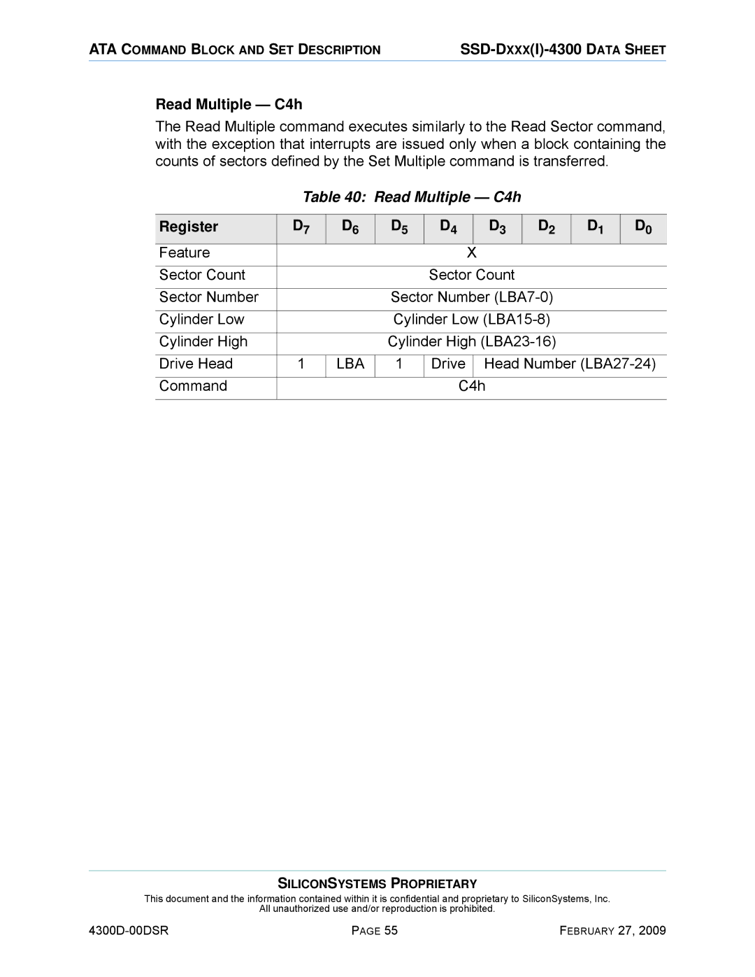 Silicon Image SSD-D32G(I)-4300 manual Read Multiple C4h, Drive Head Number LBA27-24 Command C4h 