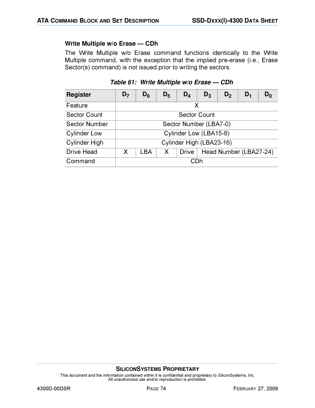 Silicon Image SSD-D32G(I)-4300 manual Write Multiple w/o Erase CDh, Drive Head Number LBA27-24 Command CDh 
