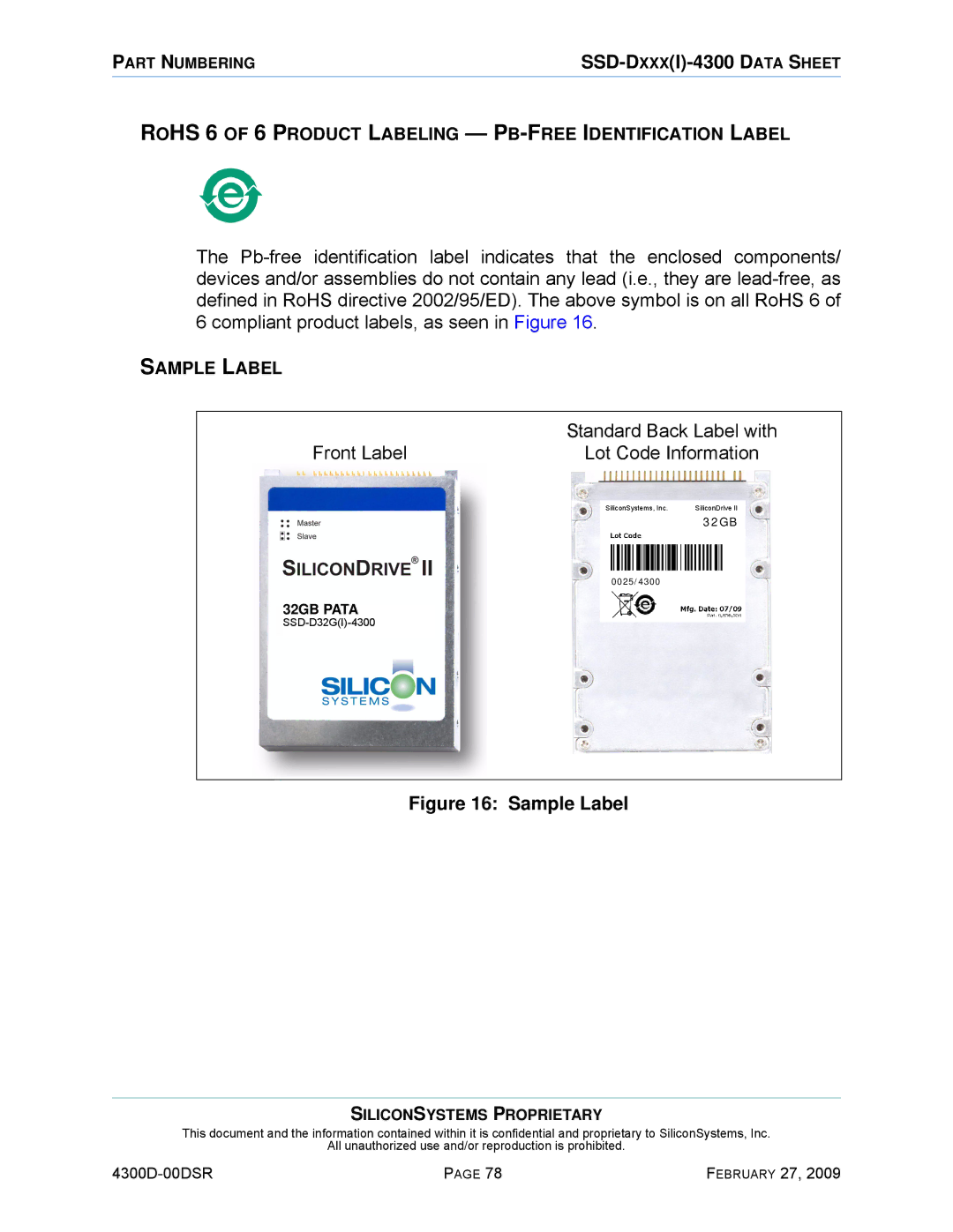 Silicon Image SSD-D32G(I)-4300 manual Standard Back Label with, Front Label Lot Code Information 