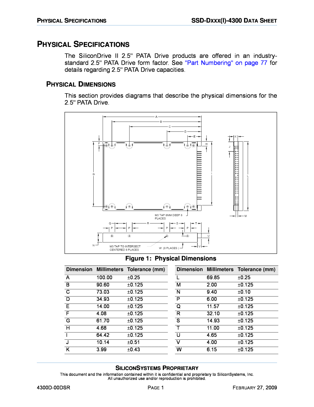 Silicon Image SSD-D32G(I)-4300 manual Physical Specifications, Physical Dimensions 