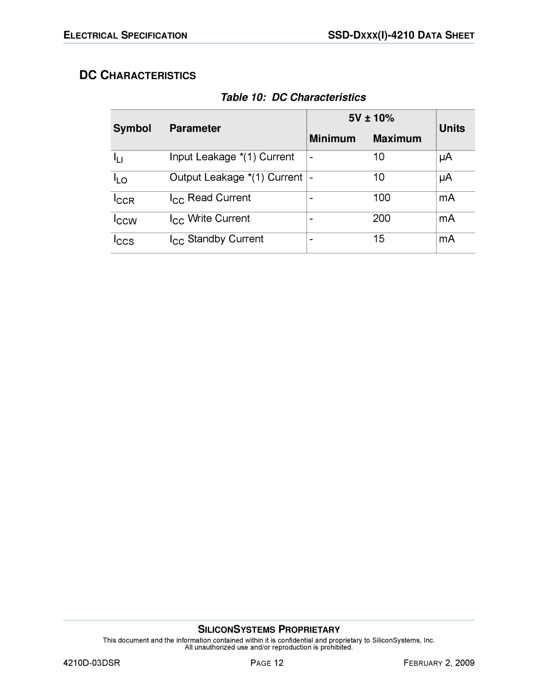 Silicon Image SSD-DXXX(I)-4210 manual DC Characteristics, Symbol Parameter 5V ± 10% Units Minimum Maximum 