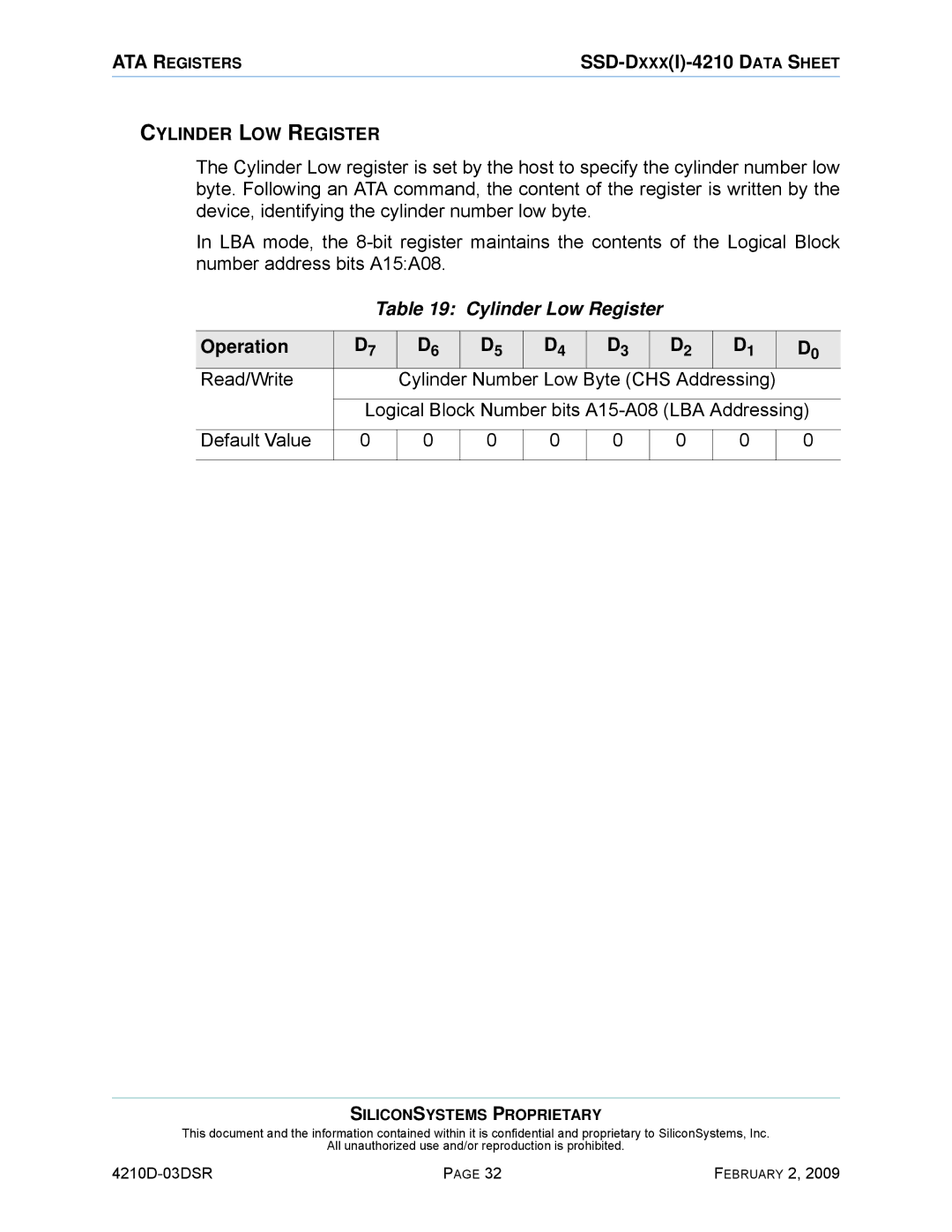 Silicon Image SSD-DXXX(I)-4210 manual Cylinder Low Register, Logical Block Number bits A15-A08 LBA Addressing 