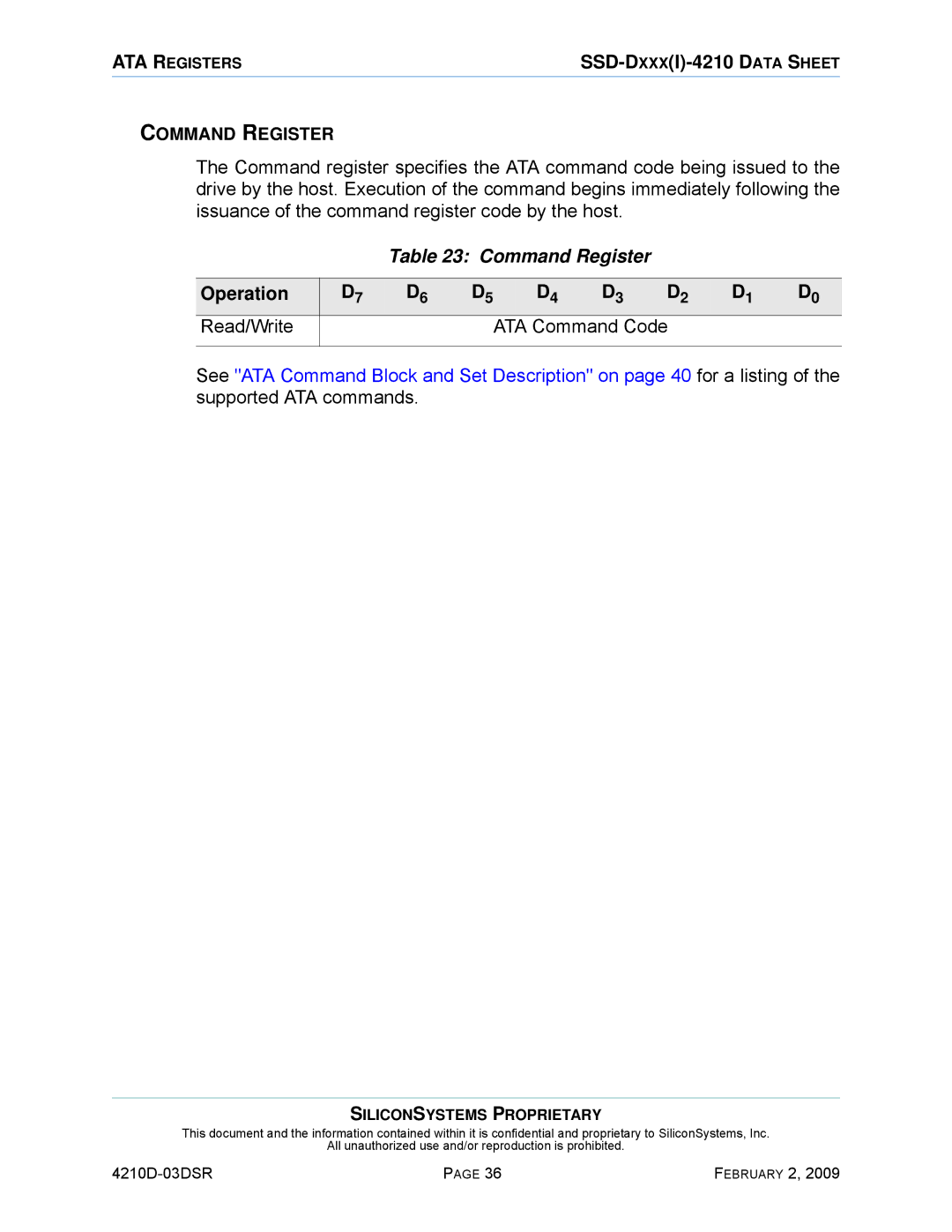 Silicon Image SSD-DXXX(I)-4210 manual Command Register, Operation Read/Write ATA Command Code 