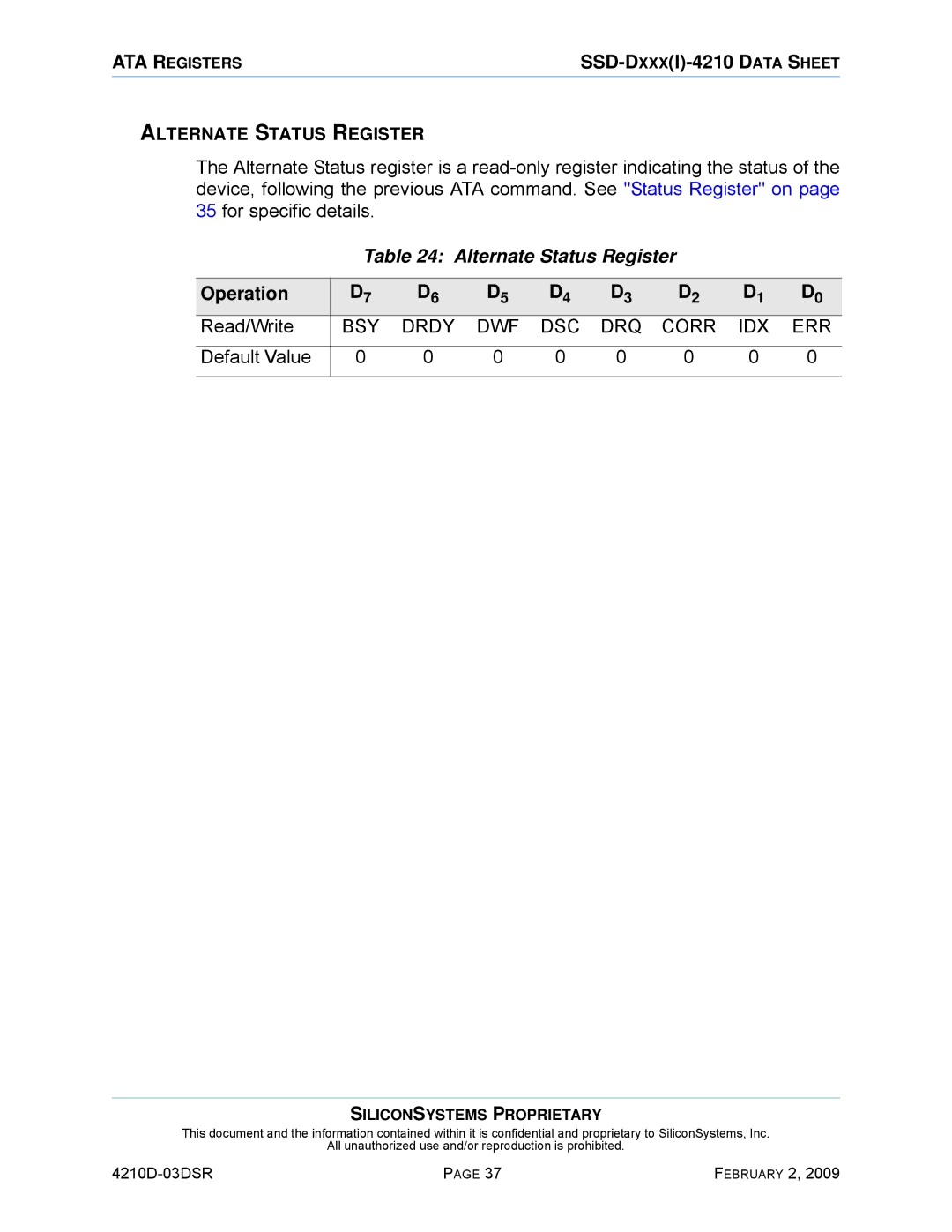 Silicon Image SSD-DXXX(I)-4210 manual Alternate Status Register 