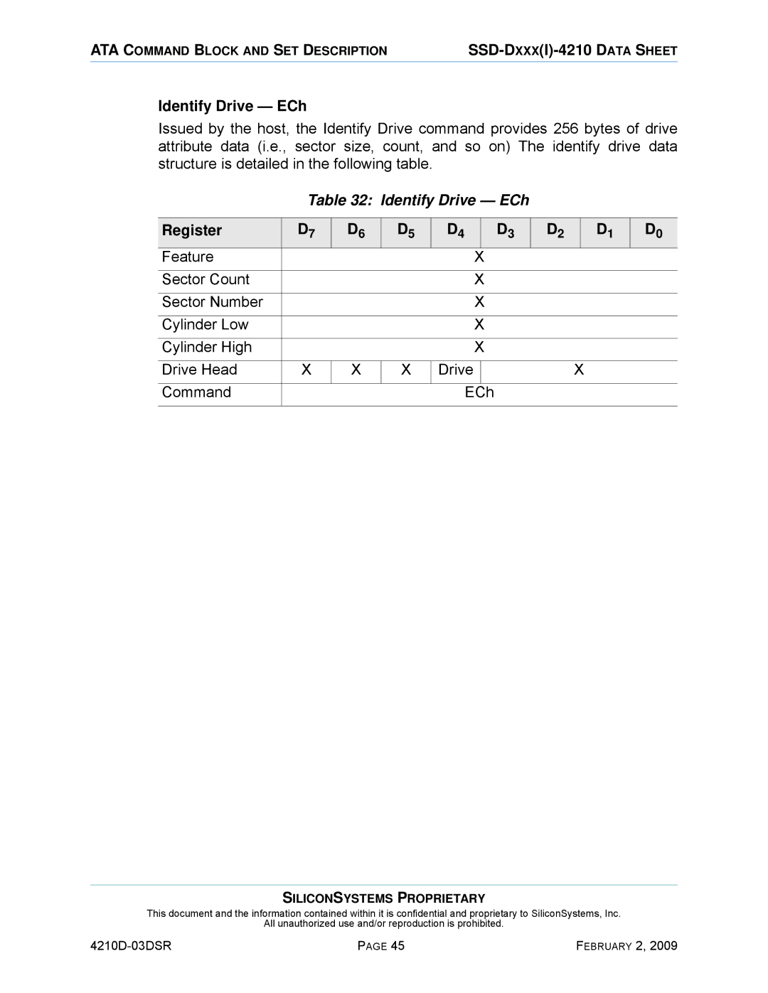 Silicon Image SSD-DXXX(I)-4210 manual Identify Drive ECh 