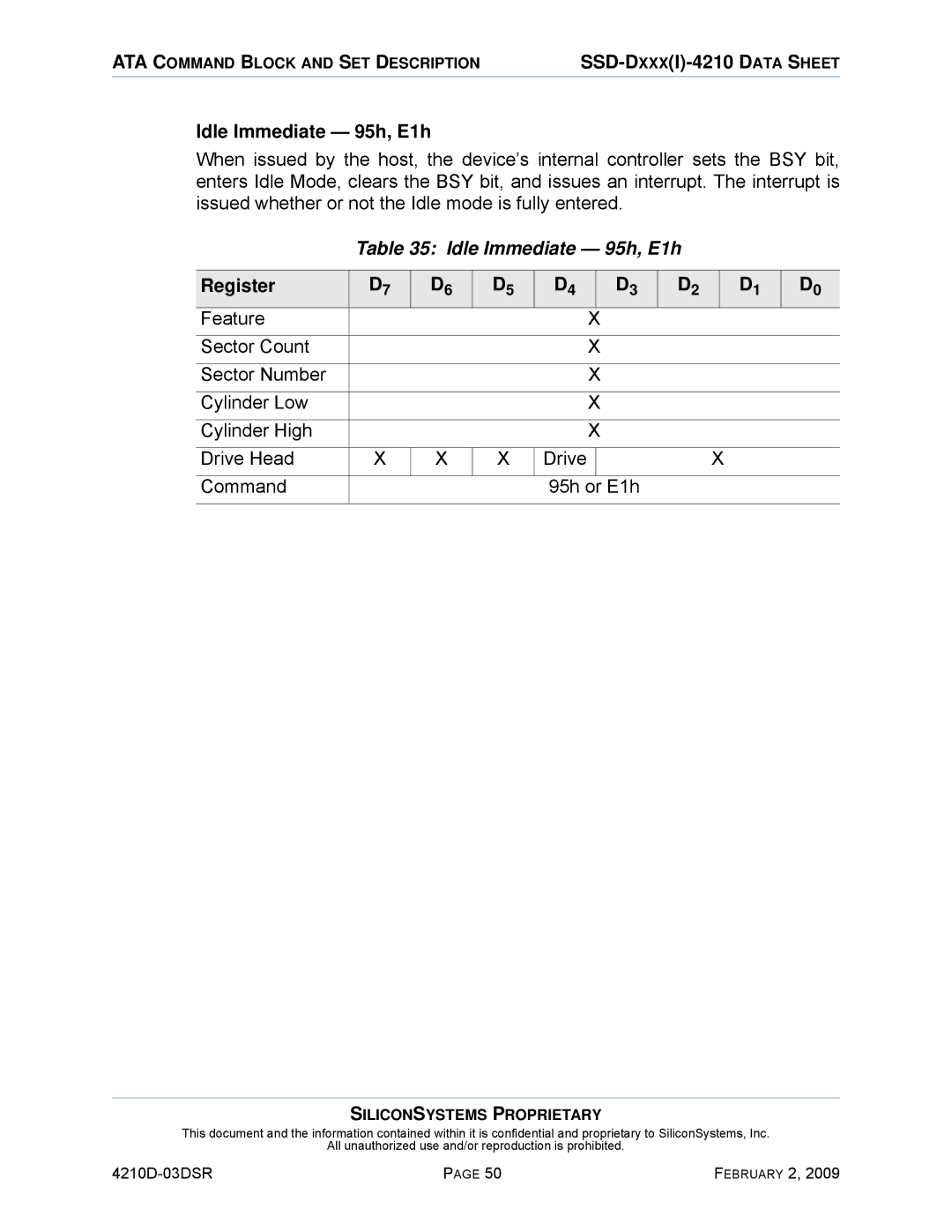 Silicon Image SSD-DXXX(I)-4210 manual Idle Immediate 95h, E1h 