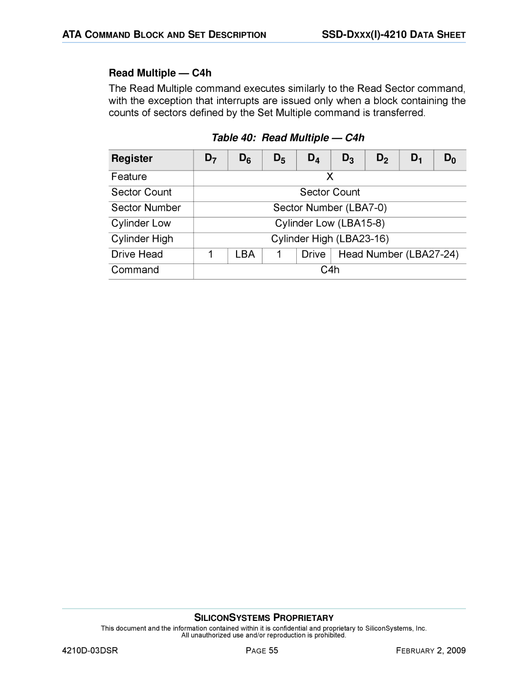 Silicon Image SSD-DXXX(I)-4210 manual Read Multiple C4h, Drive Head Number LBA27-24 Command C4h 