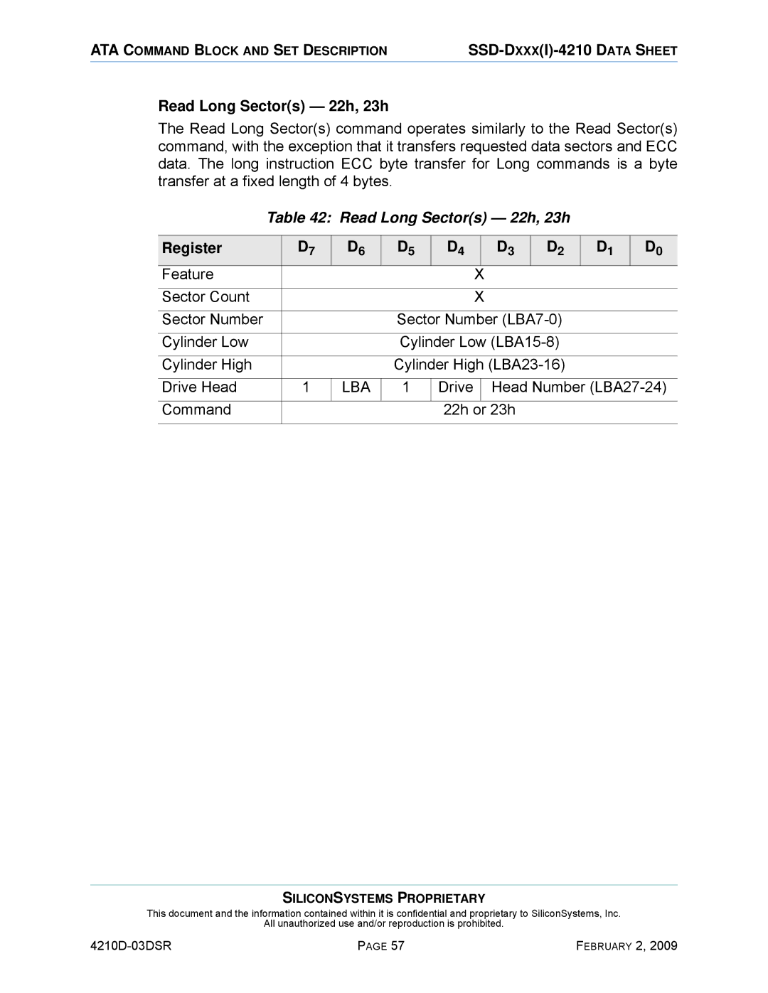 Silicon Image SSD-DXXX(I)-4210 manual Read Long Sectors 22h, 23h, Drive Head Number LBA27-24 Command 22h or 23h 