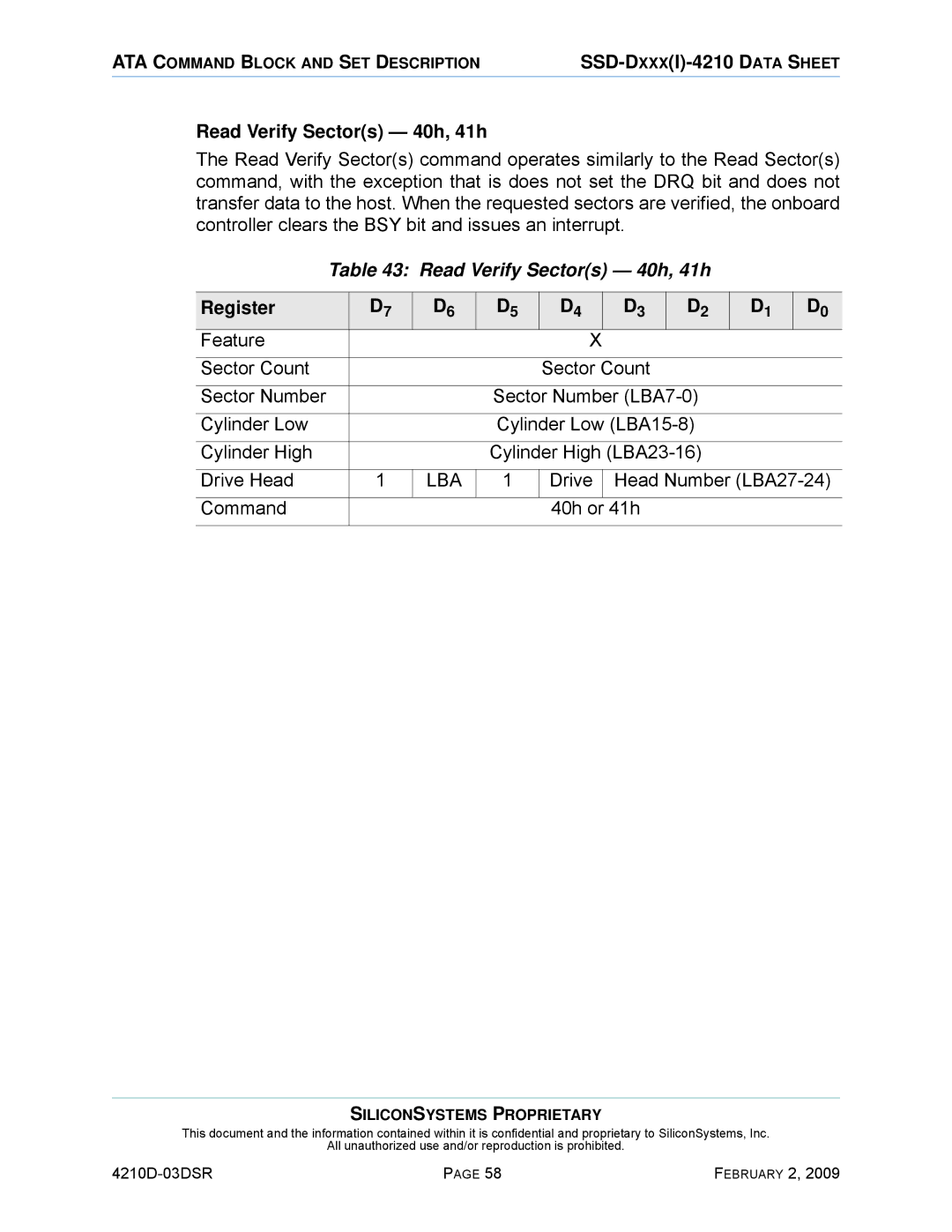 Silicon Image SSD-DXXX(I)-4210 manual Read Verify Sectors 40h, 41h, Drive Head Number LBA27-24 Command 40h or 41h 