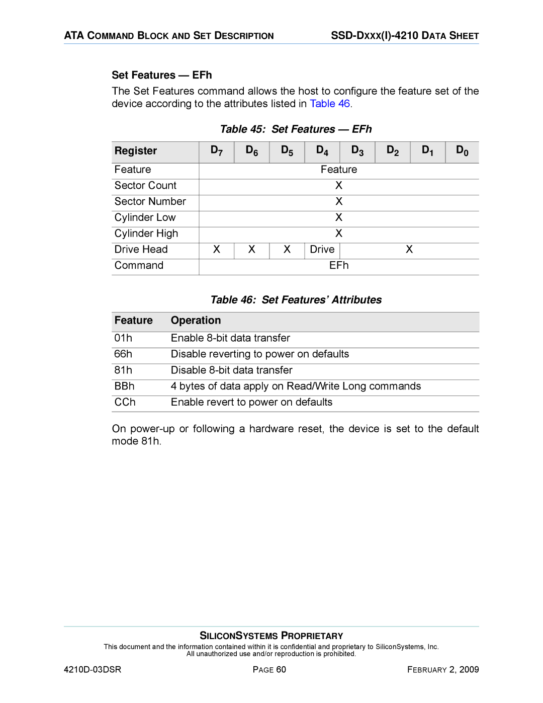 Silicon Image SSD-DXXX(I)-4210 manual Set Features EFh, Set Features’ Attributes, Feature Operation 