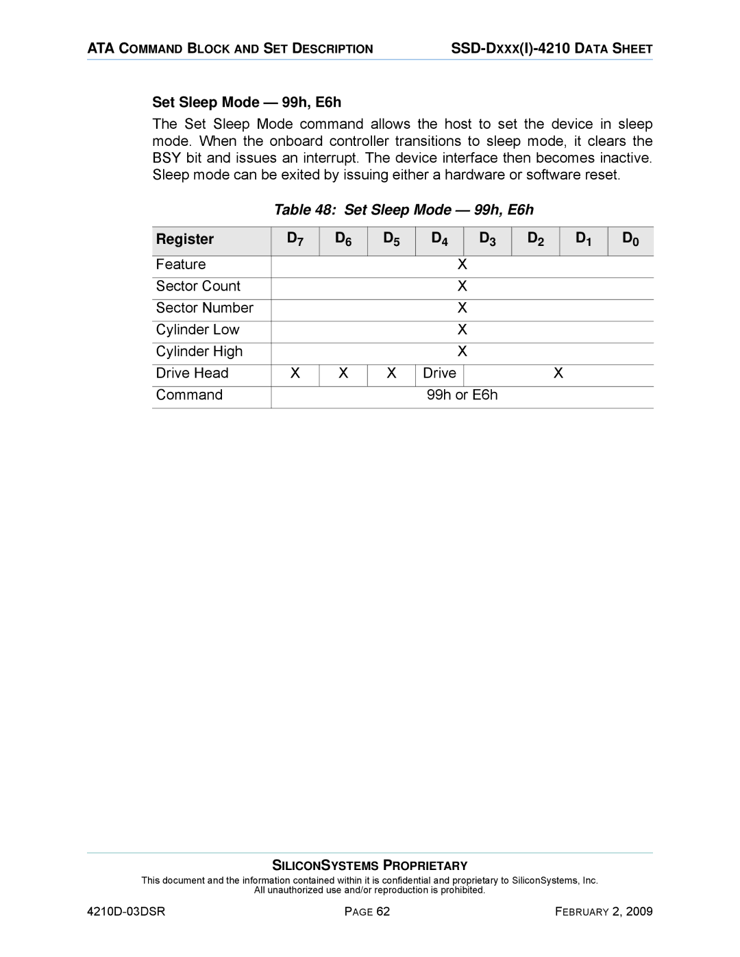 Silicon Image SSD-DXXX(I)-4210 manual Set Sleep Mode 99h, E6h 