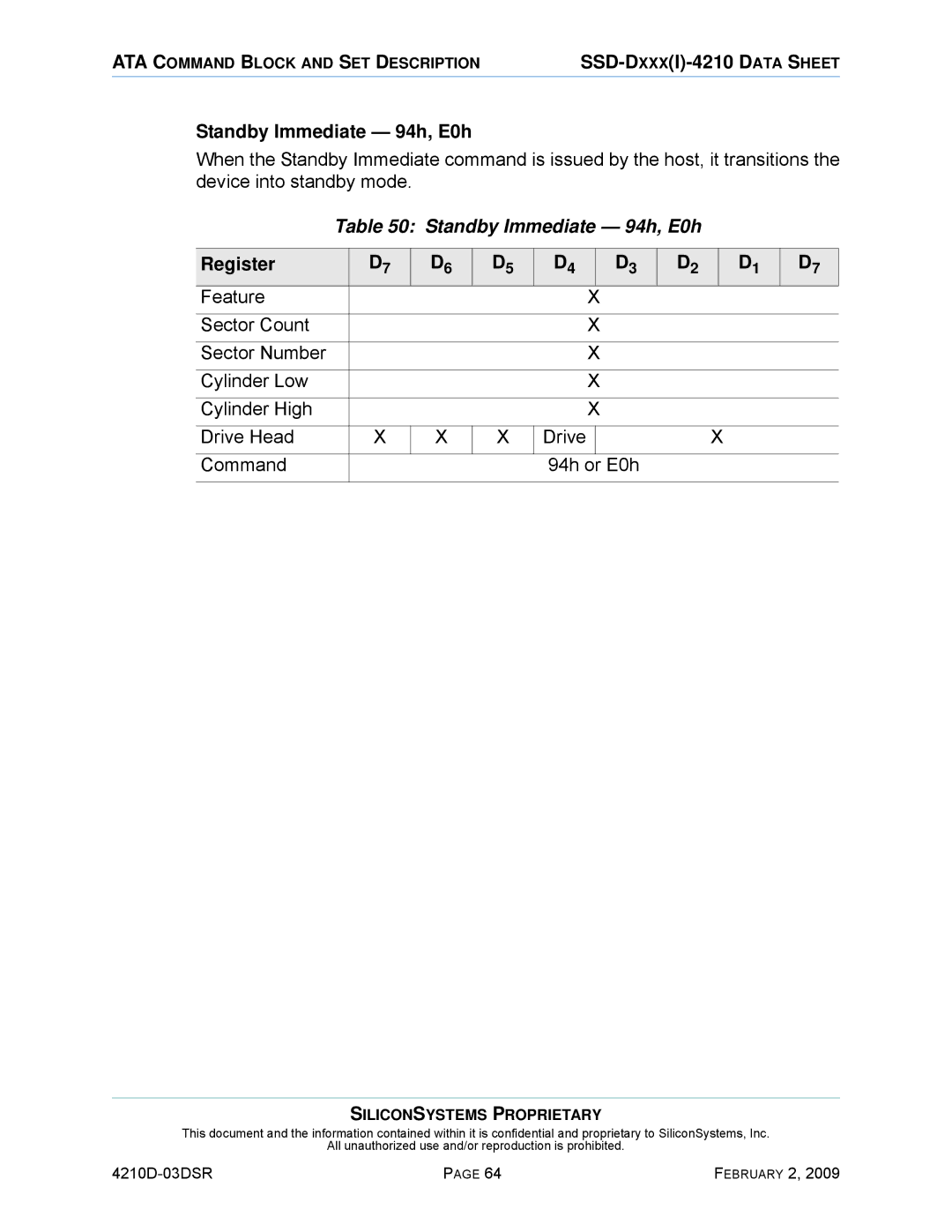 Silicon Image SSD-DXXX(I)-4210 manual Standby Immediate 94h, E0h 