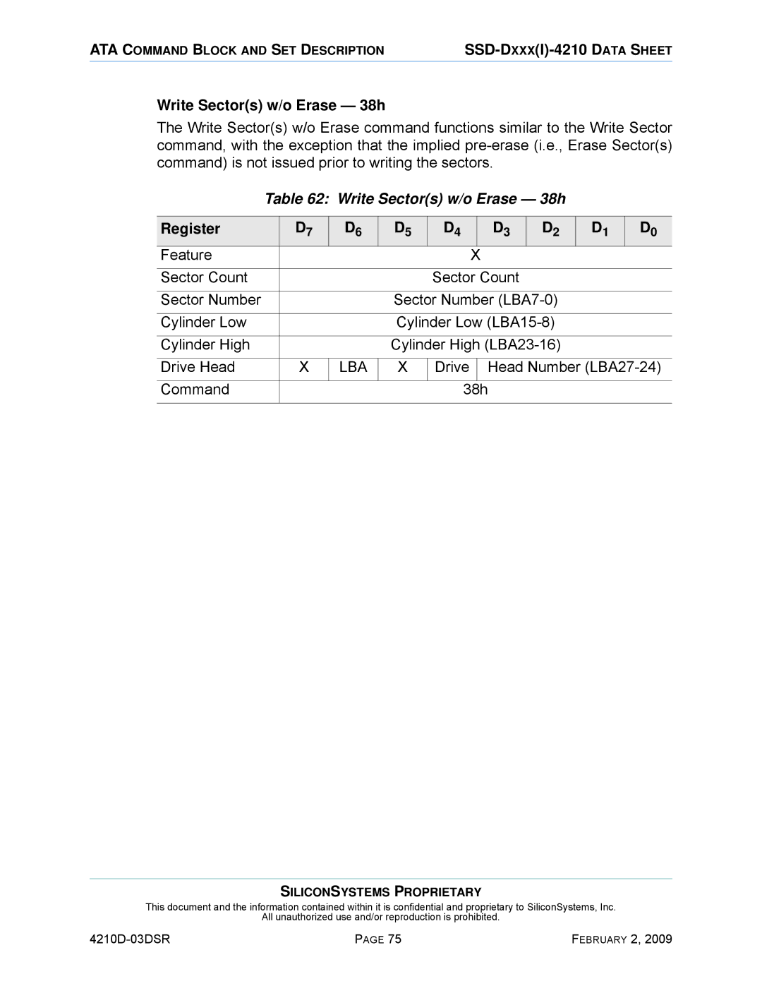 Silicon Image SSD-DXXX(I)-4210 manual Write Sectors w/o Erase 38h, Drive Head Number LBA27-24 Command 38h 