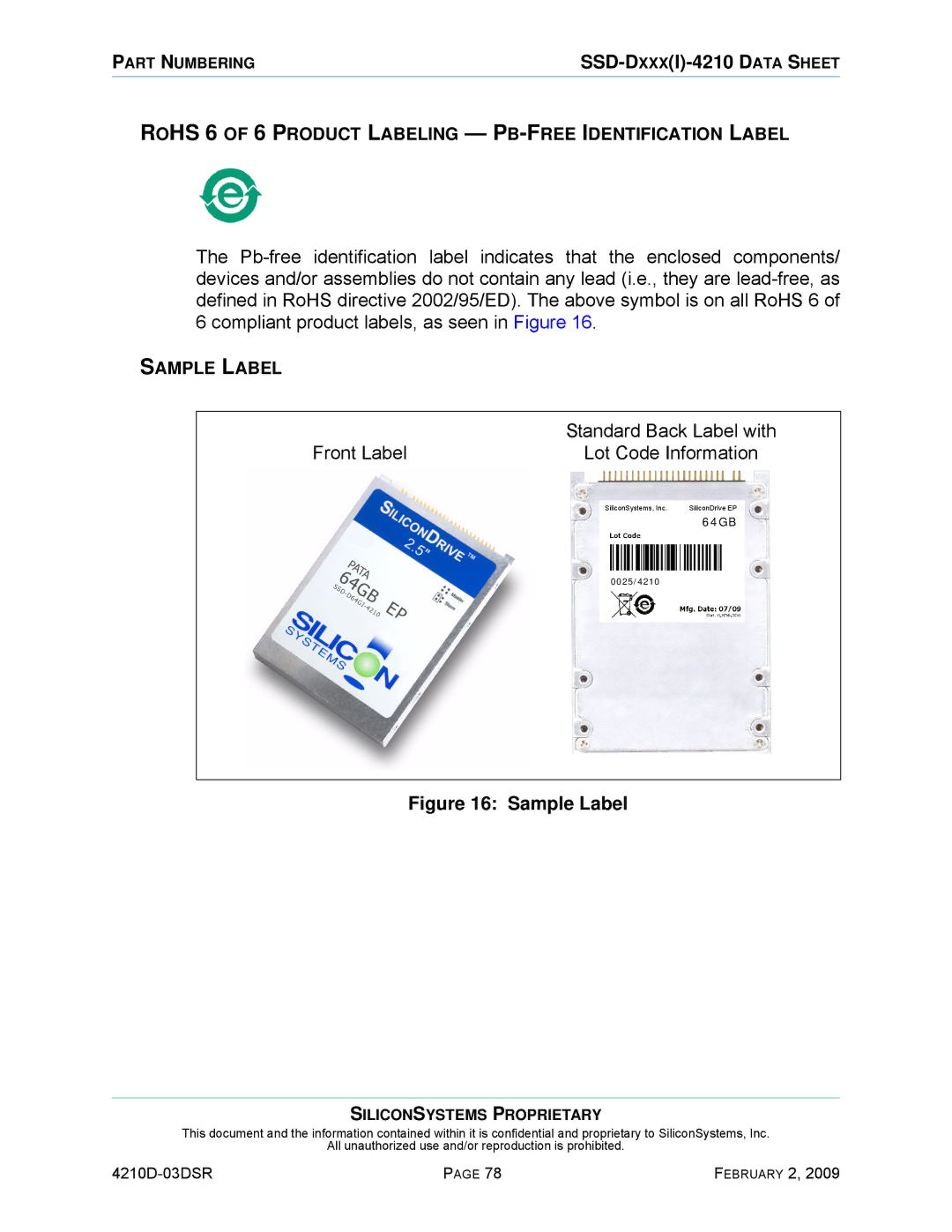 Silicon Image SSD-DXXX(I)-4210 manual Standard Back Label with, Front Label Lot Code Information 