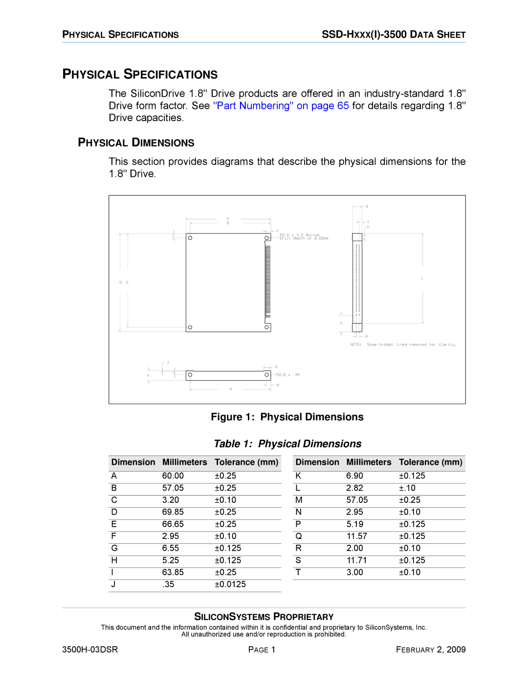 Silicon Image SSD-H16G(I)-3500 manual Physical Specifications, Physical Dimensions 