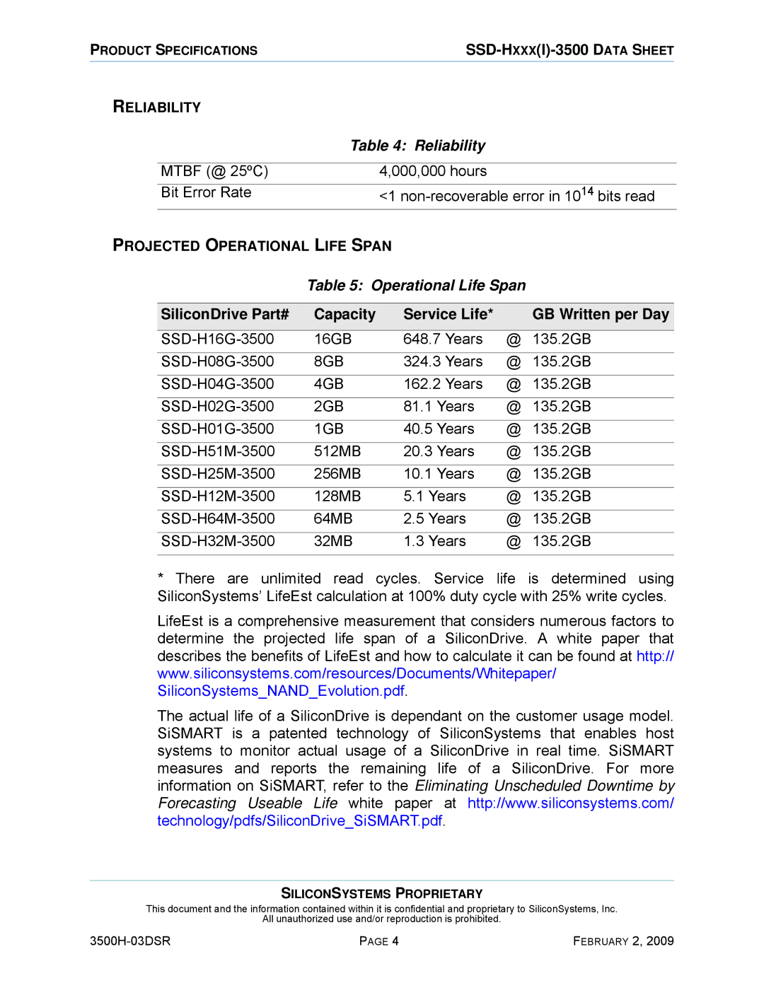 Silicon Image SSD-H16G(I)-3500 manual Reliability, Operational Life Span 