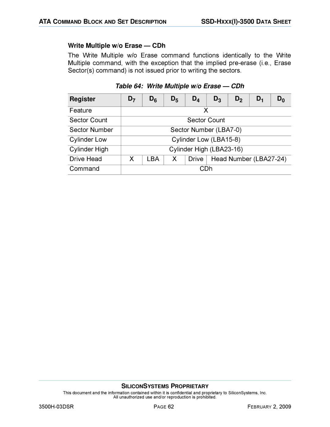 Silicon Image SSD-H16G(I)-3500 manual Write Multiple w/o Erase CDh, Drive Head Number LBA27-24 Command CDh 
