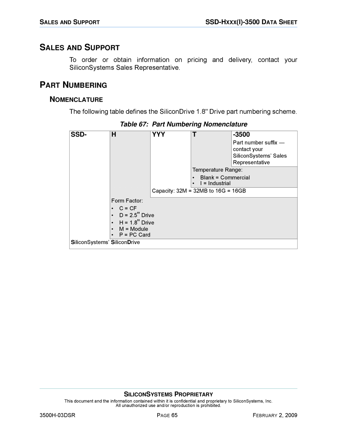 Silicon Image SSD-H16G(I)-3500 manual Sales and Support, Part Numbering Nomenclature 