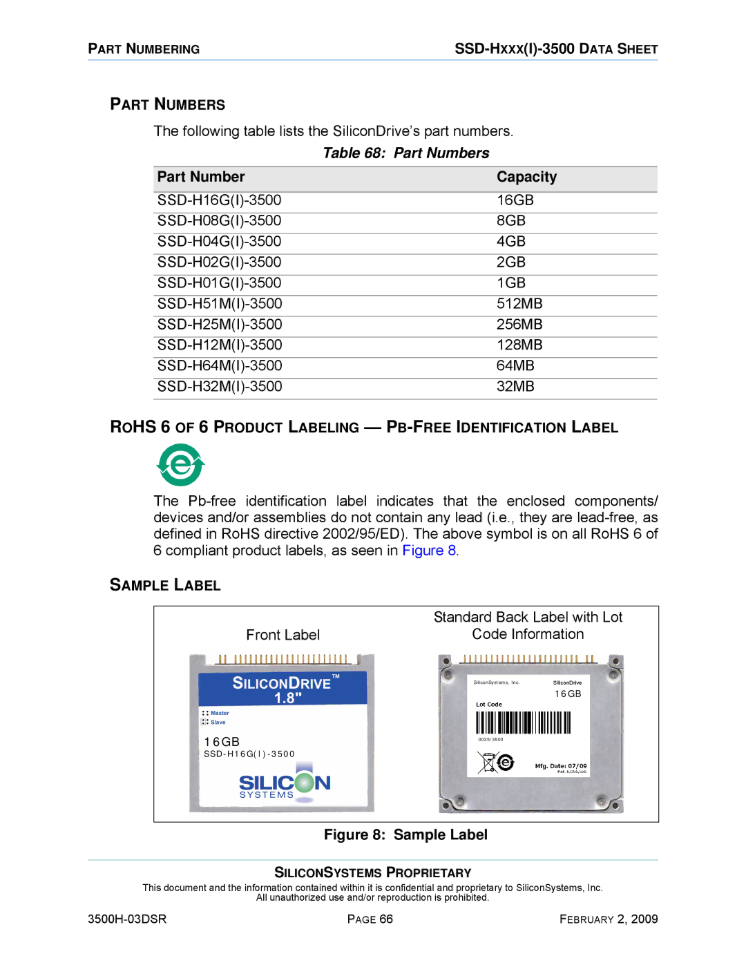 Silicon Image SSD-H16G(I)-3500 manual Part Numbers, Part Number Capacity 