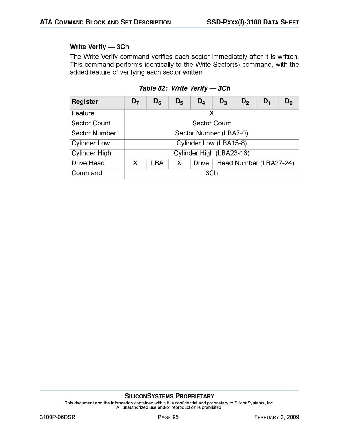 Silicon Image SSD-P16G(I)-3100 manual Write Verify 3Ch, Drive Head Number LBA27-24 Command 3Ch 