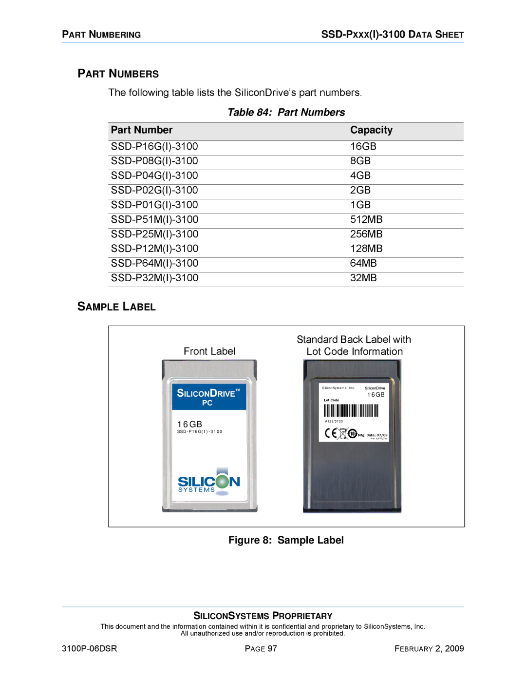 Silicon Image SSD-P16G(I)-3100 manual Part Numbers, Part Number Capacity 