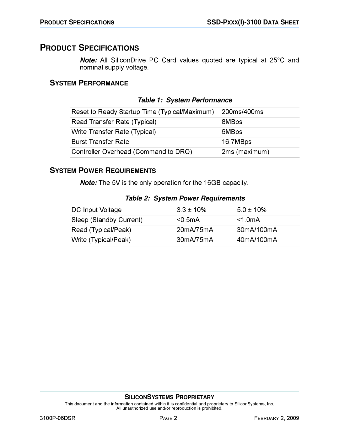 Silicon Image SSD-P16G(I)-3100 manual Product Specifications, System Performance, System Power Requirements 