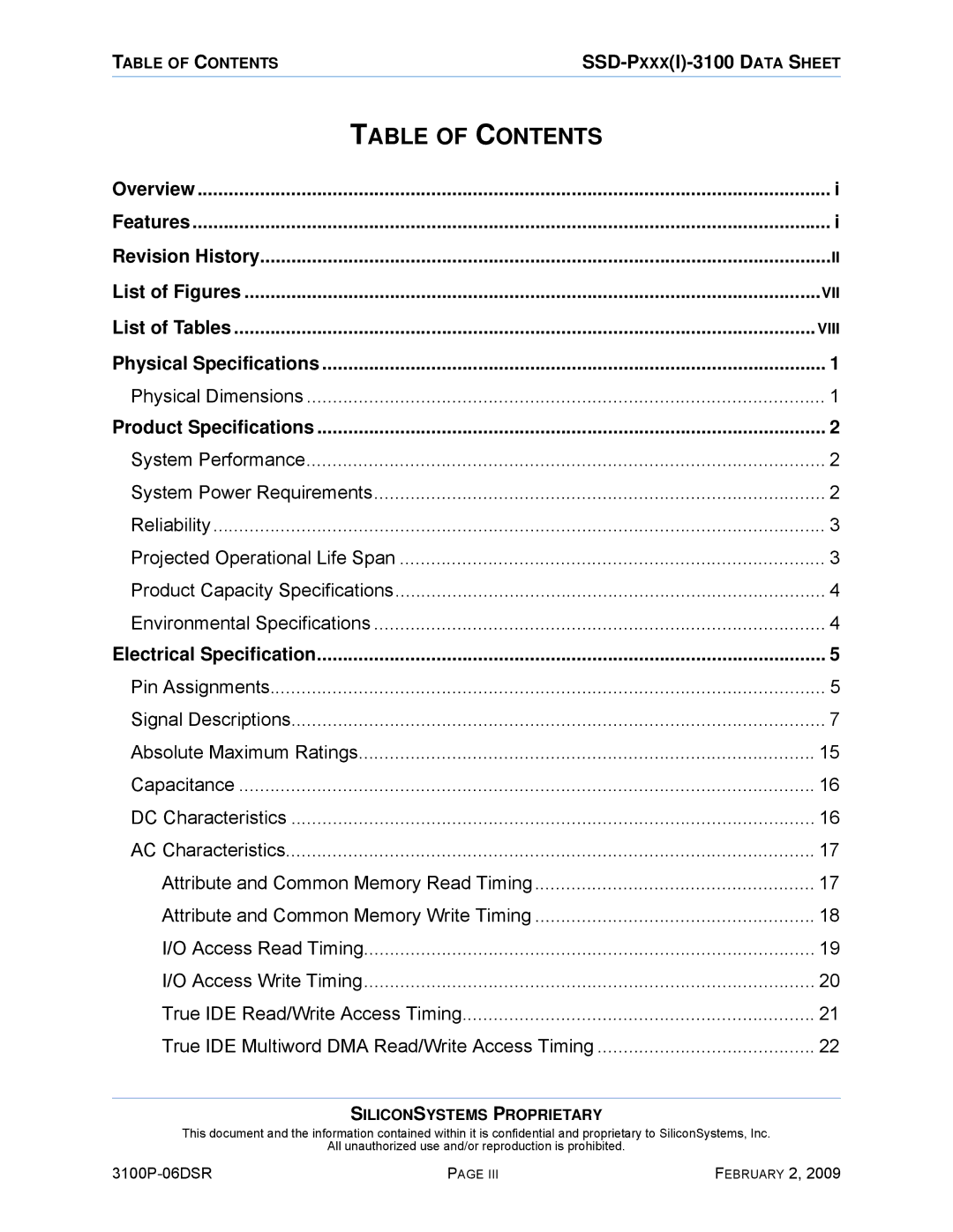 Silicon Image SSD-P16G(I)-3100 manual Table of Contents 