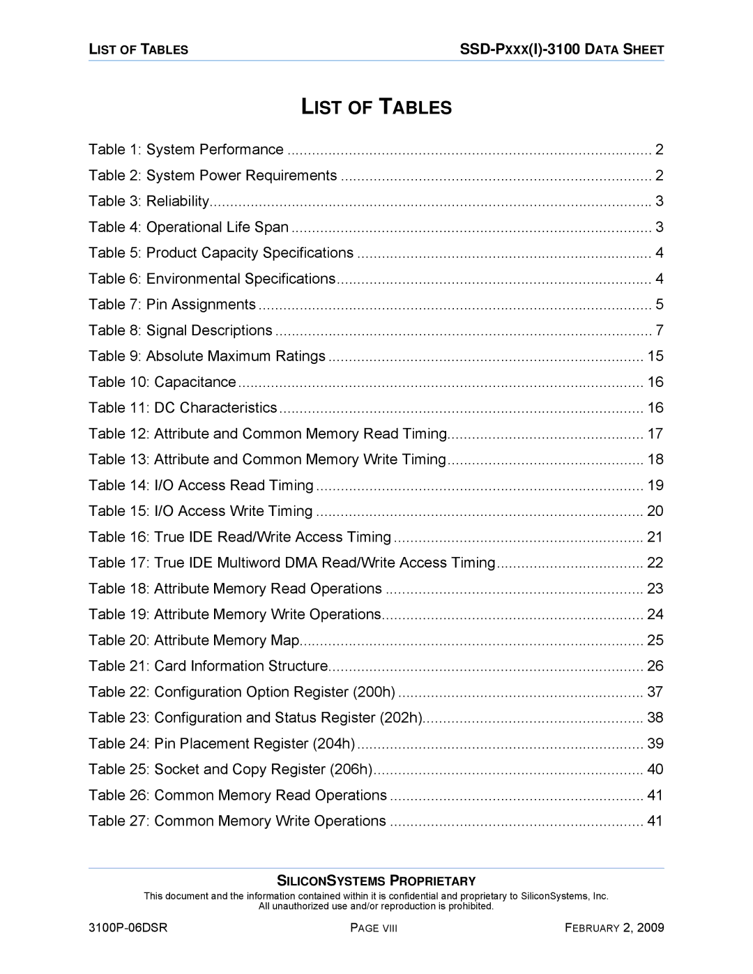 Silicon Image SSD-P16G(I)-3100 manual List of Tables 