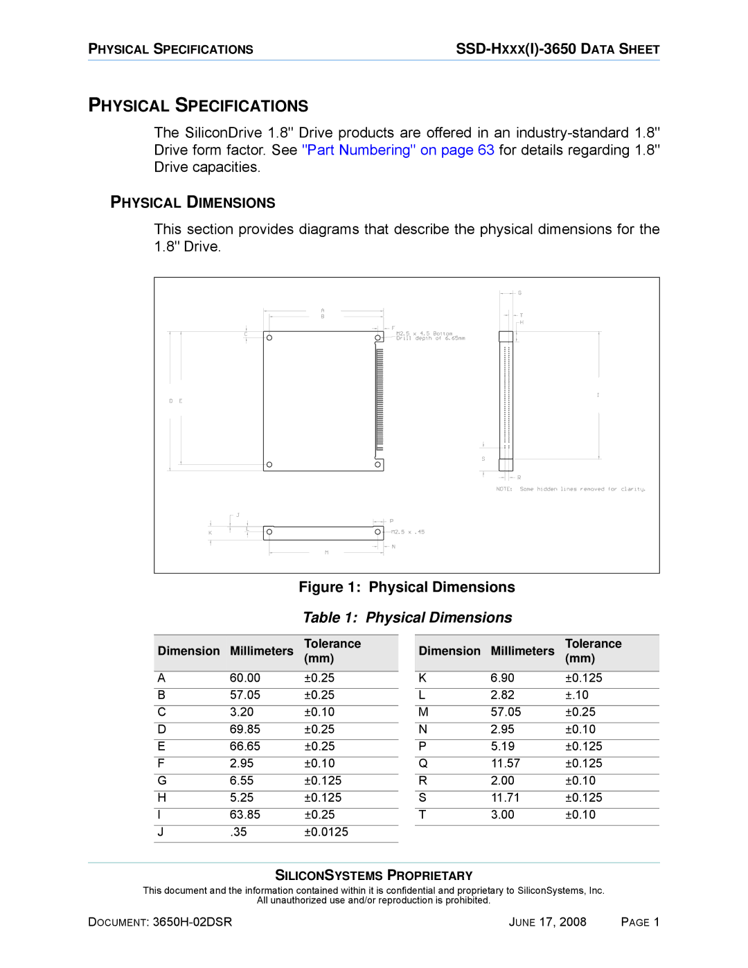 Silicon Image SSDS00-3650H-R manual Physical Specifications, Physical Dimensions 