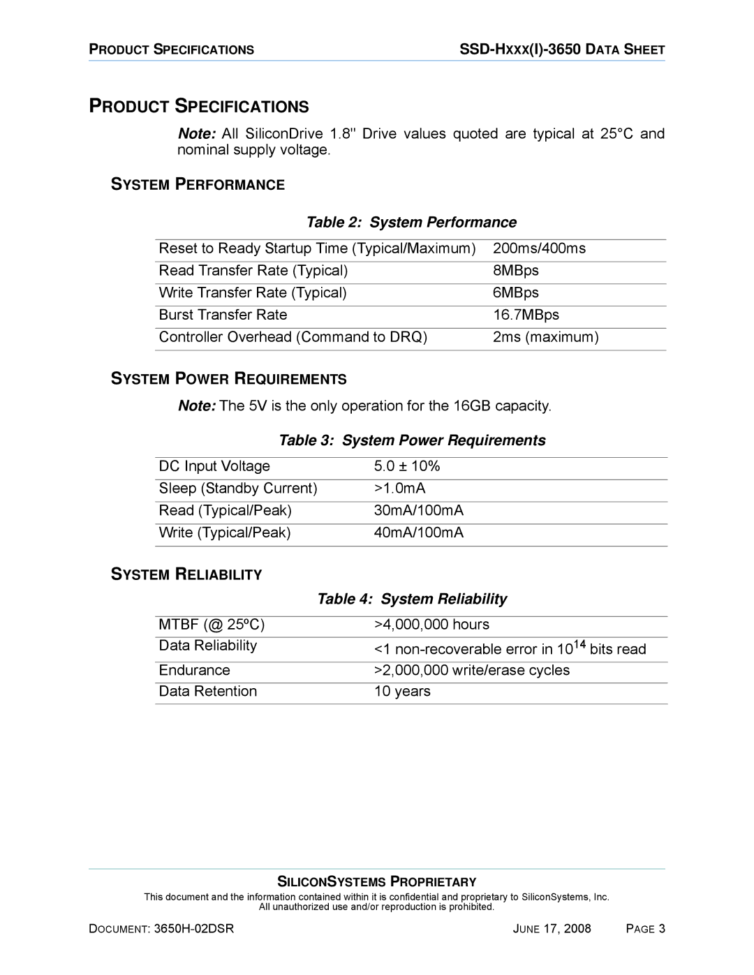 Silicon Image SSDS00-3650H-R Product Specifications, System Performance, System Power Requirements, System Reliability 