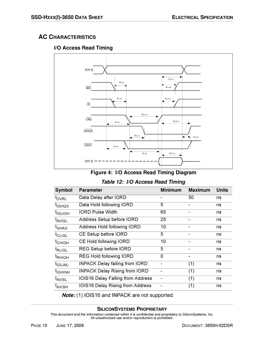 Silicon Image SSDS00-3650H-R manual O Access Read Timing 