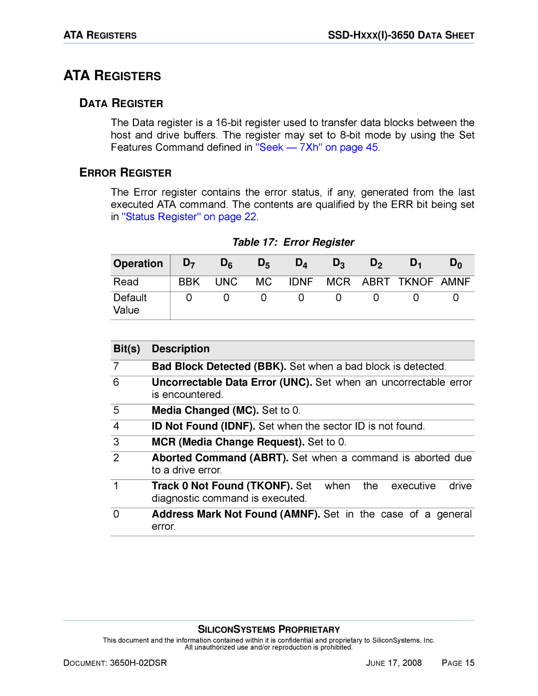 Silicon Image SSDS00-3650H-R manual ATA Registers, Error Register 