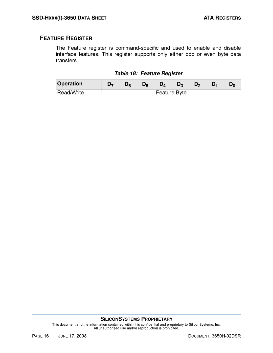 Silicon Image SSDS00-3650H-R manual Feature Register, Operation, Read/Write Feature Byte 