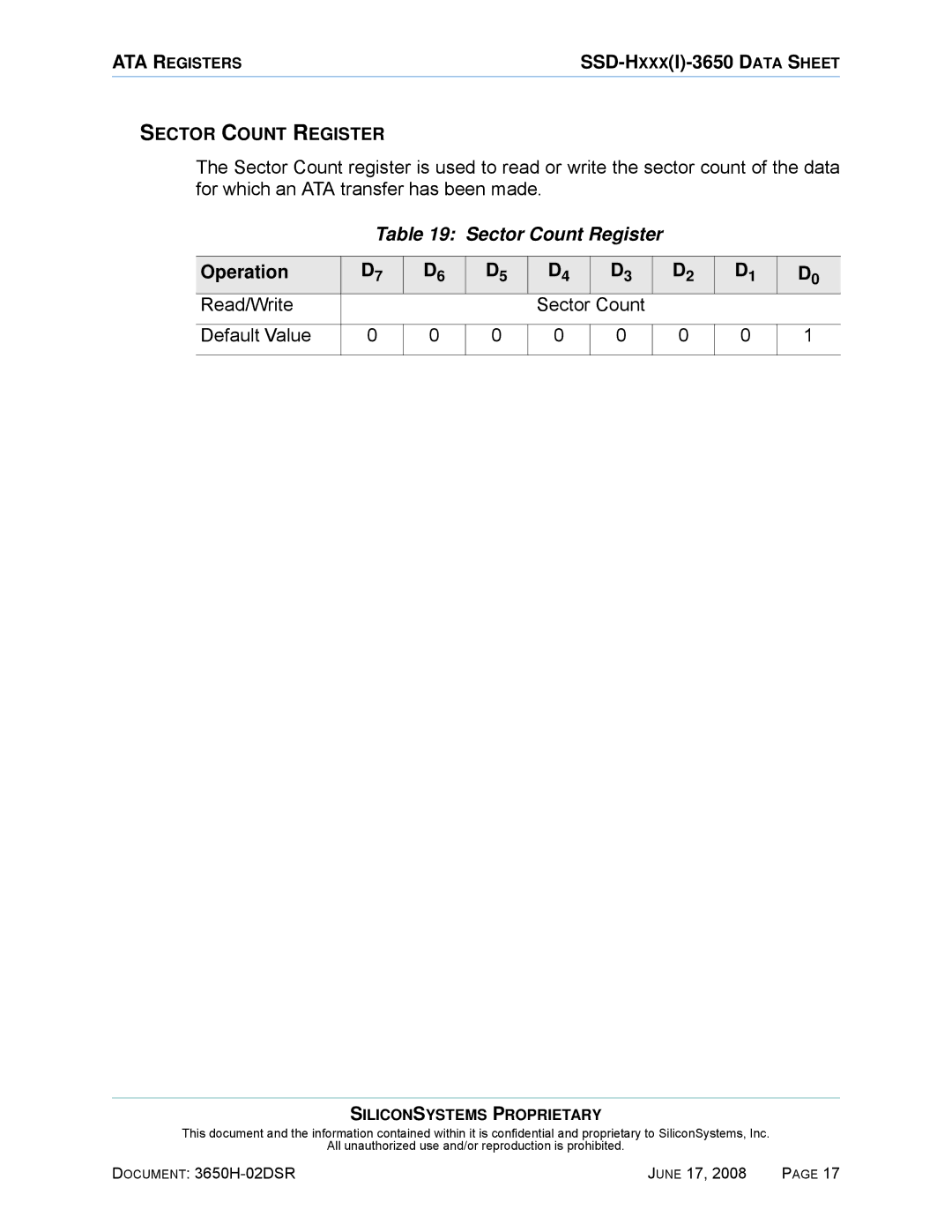 Silicon Image SSDS00-3650H-R manual Sector Count Register, Read/Write Sector Count Default Value 