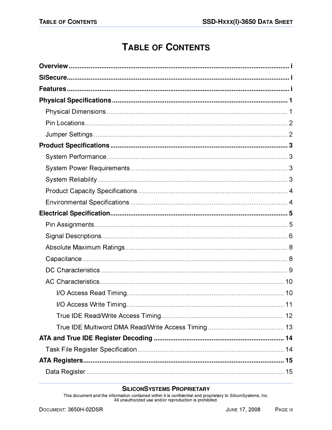 Silicon Image SSDS00-3650H-R manual Table of Contents 