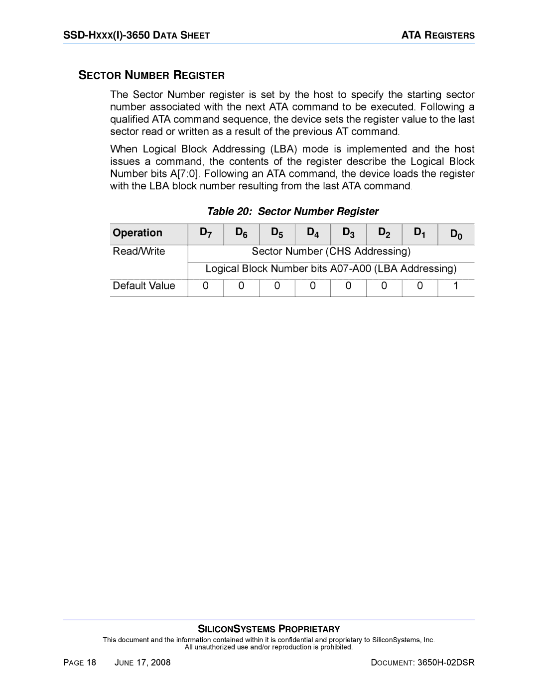 Silicon Image SSDS00-3650H-R manual Sector Number Register, Read/Write, Logical Block Number bits A07-A00 LBA Addressing 