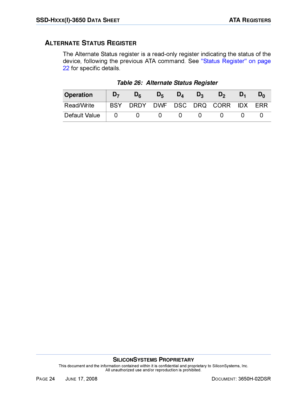 Silicon Image SSDS00-3650H-R manual Alternate Status Register 