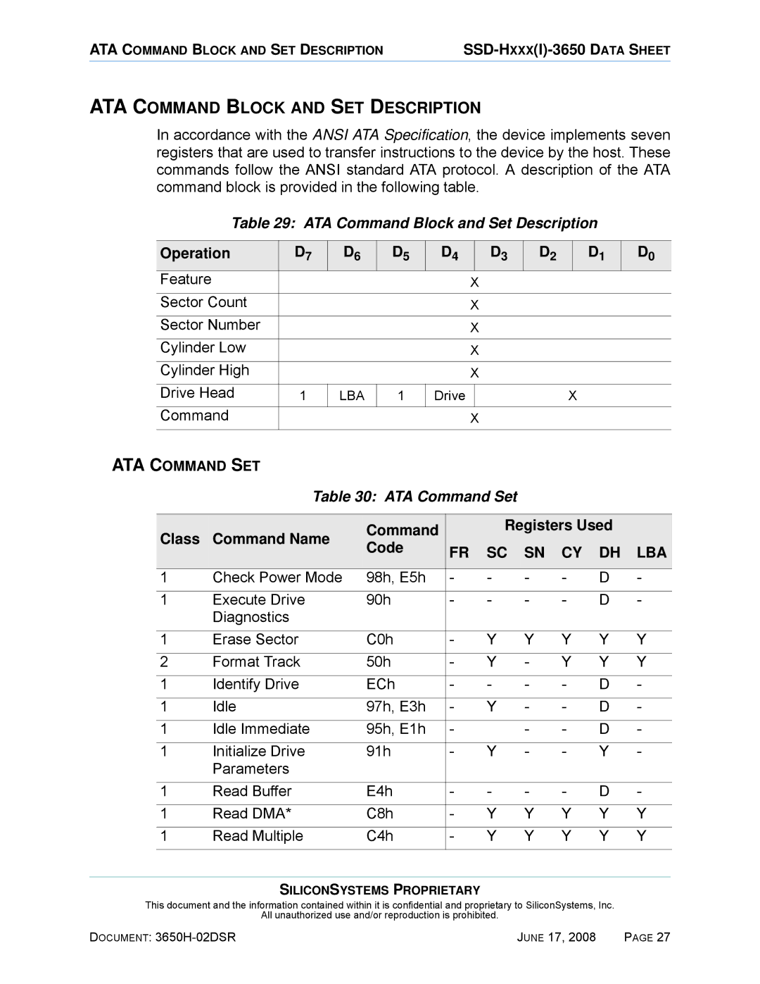 Silicon Image SSDS00-3650H-R ATA Command Block and SET Description, ATA Command Block and Set Description, ATA Command Set 