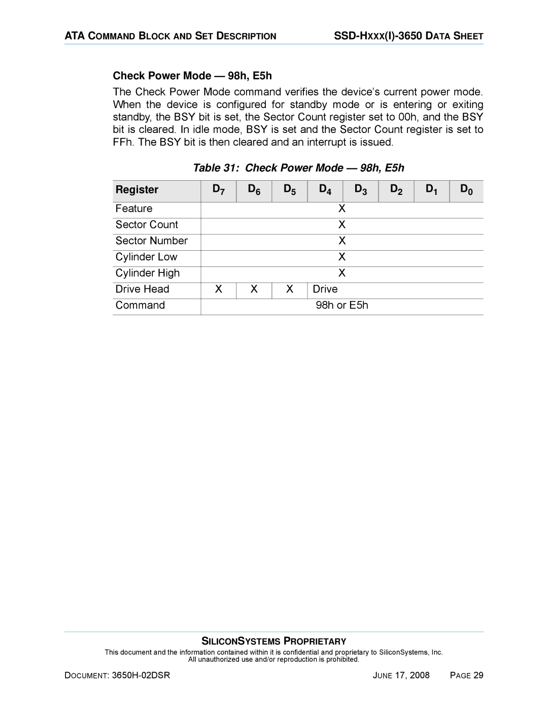 Silicon Image SSDS00-3650H-R manual Check Power Mode 98h, E5h, Register 