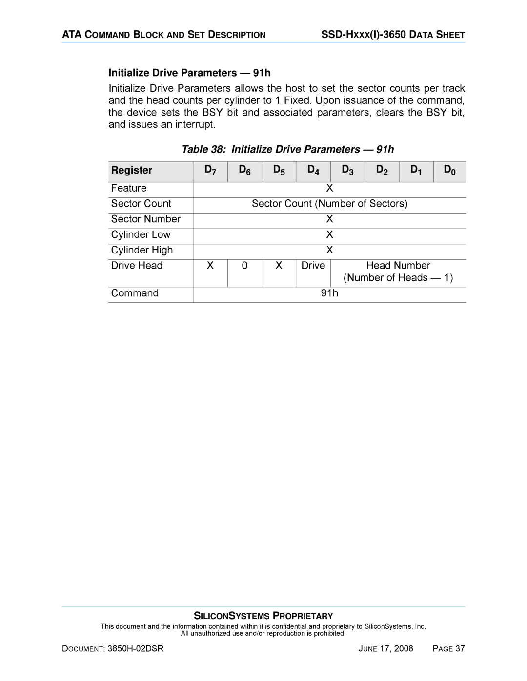 Silicon Image SSDS00-3650H-R manual Initialize Drive Parameters 91h 