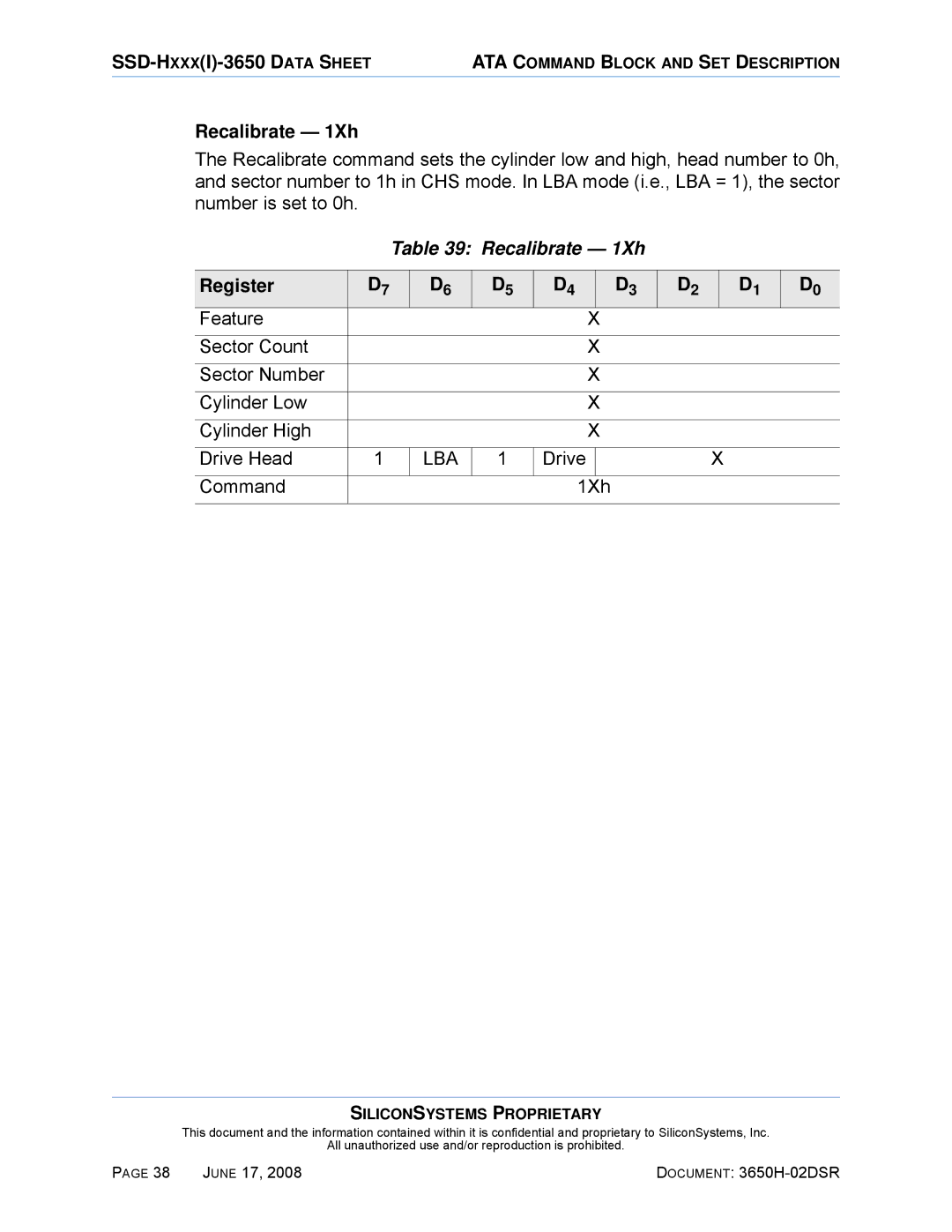 Silicon Image SSDS00-3650H-R manual Recalibrate 1Xh, Drive Command 1Xh 