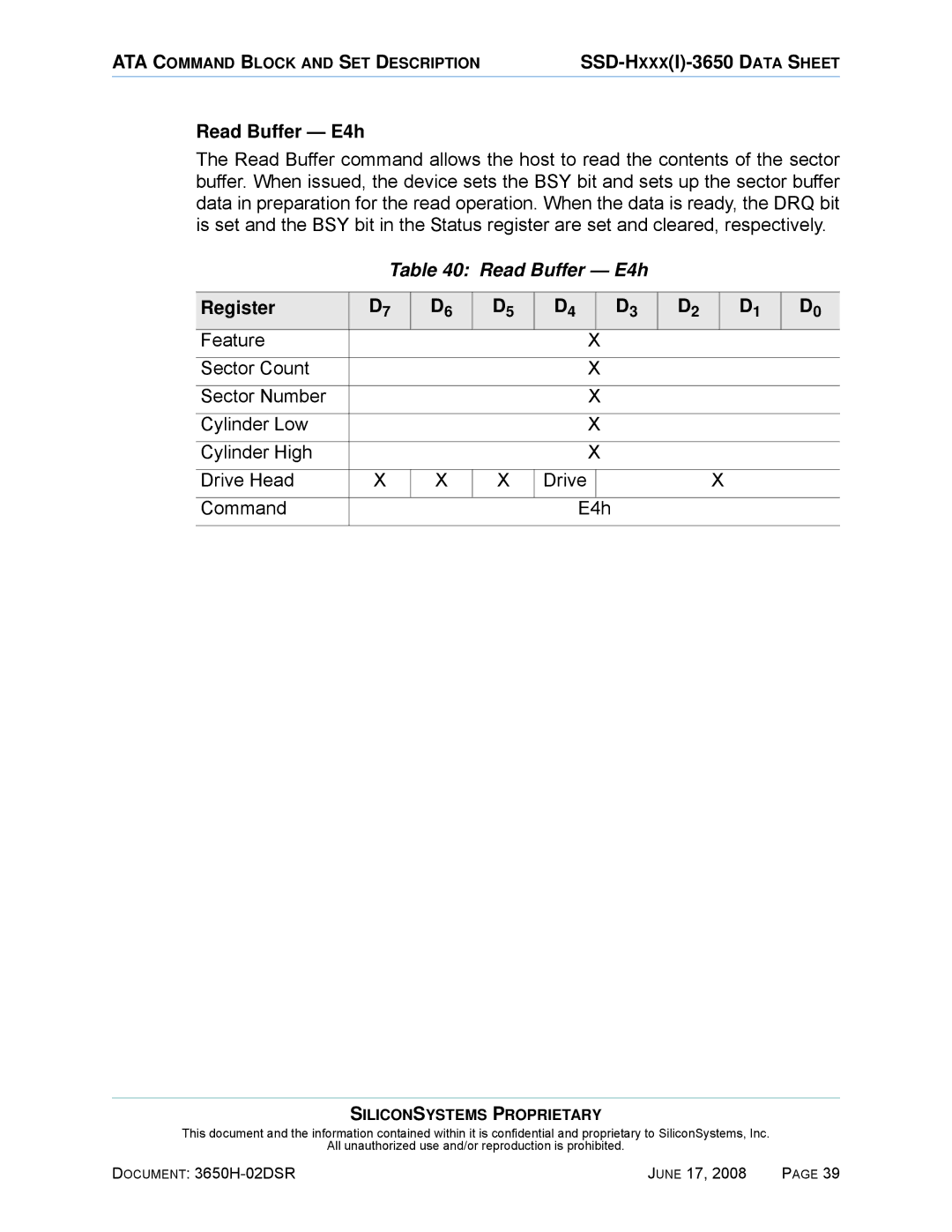 Silicon Image SSDS00-3650H-R manual Read Buffer E4h 