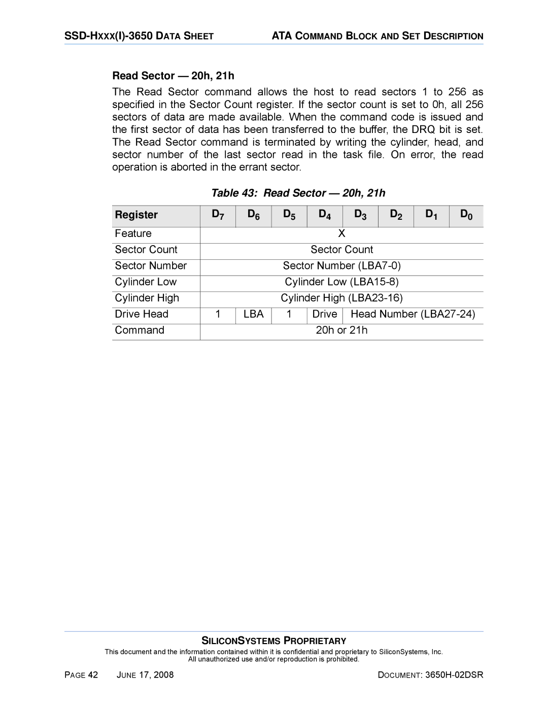 Silicon Image SSDS00-3650H-R manual Read Sector 20h, 21h, Drive Head Number LBA27-24 Command 20h or 21h 