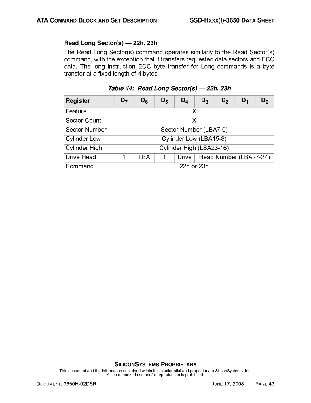 Silicon Image SSDS00-3650H-R manual Read Long Sectors 22h, 23h, Drive Head Number LBA27-24 Command 22h or 23h 