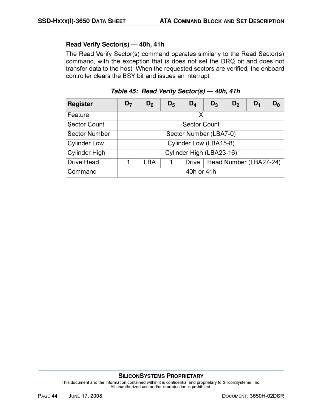 Silicon Image SSDS00-3650H-R manual Read Verify Sectors 40h, 41h, Drive Head Number LBA27-24 Command 40h or 41h 