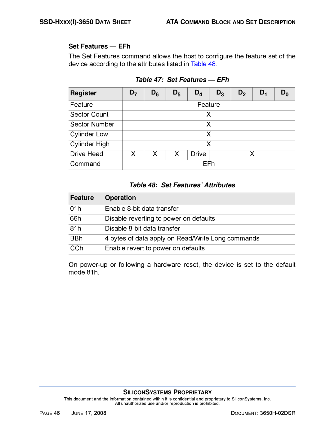 Silicon Image SSDS00-3650H-R manual Set Features EFh, Set Features’ Attributes, Feature Operation 