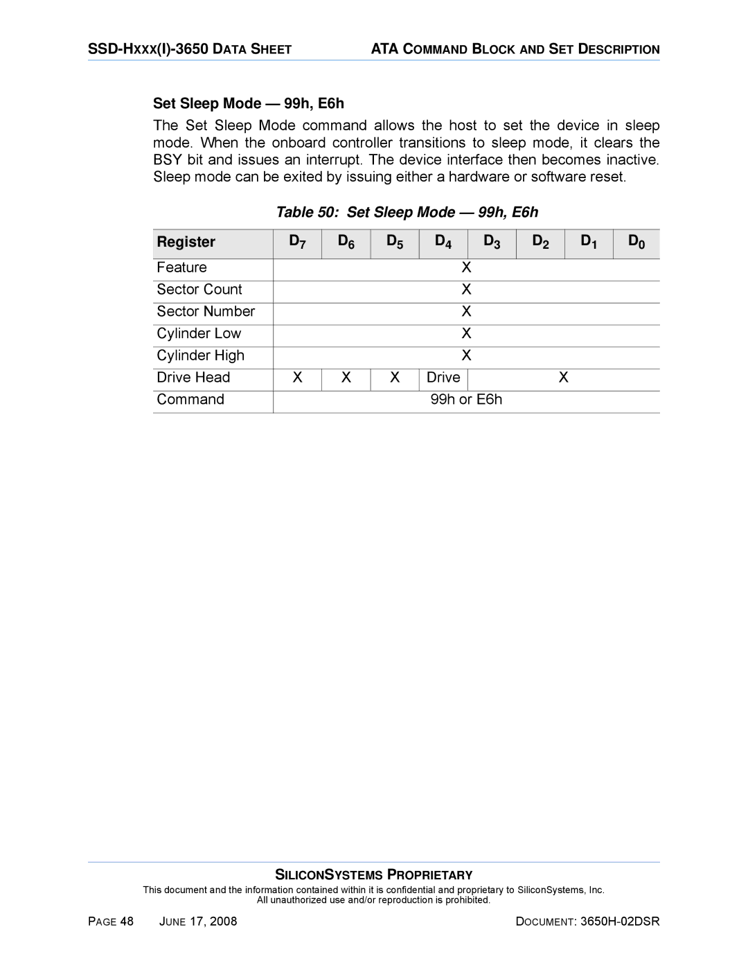 Silicon Image SSDS00-3650H-R manual Set Sleep Mode 99h, E6h 